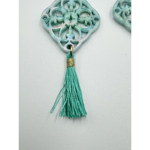 Aqua Teal Lightweight Gold Tone Boho Scroll Faux Pearl Dangle Fringe Earrings - Picture 5 of 8